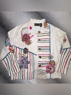 Vintage Alex Kim Embroidered Floral Art-to-Wear Jacket | Size L Striped Boho Art